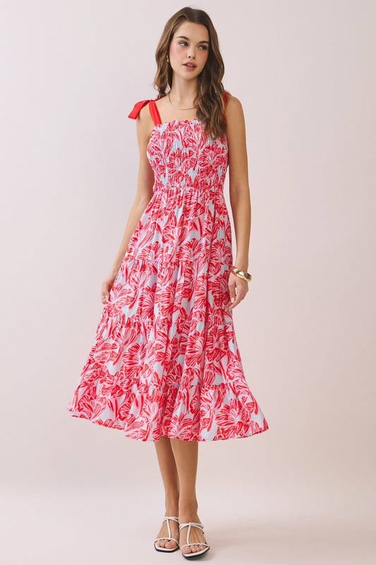 ELLA RED SMOCKED MIDI DRESS
