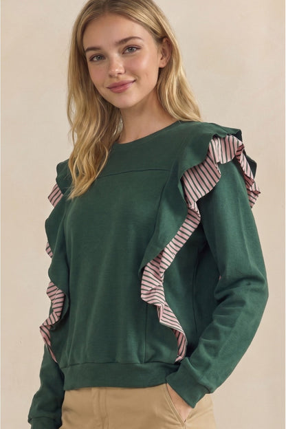 Rib Front Ruffle Stripe Top