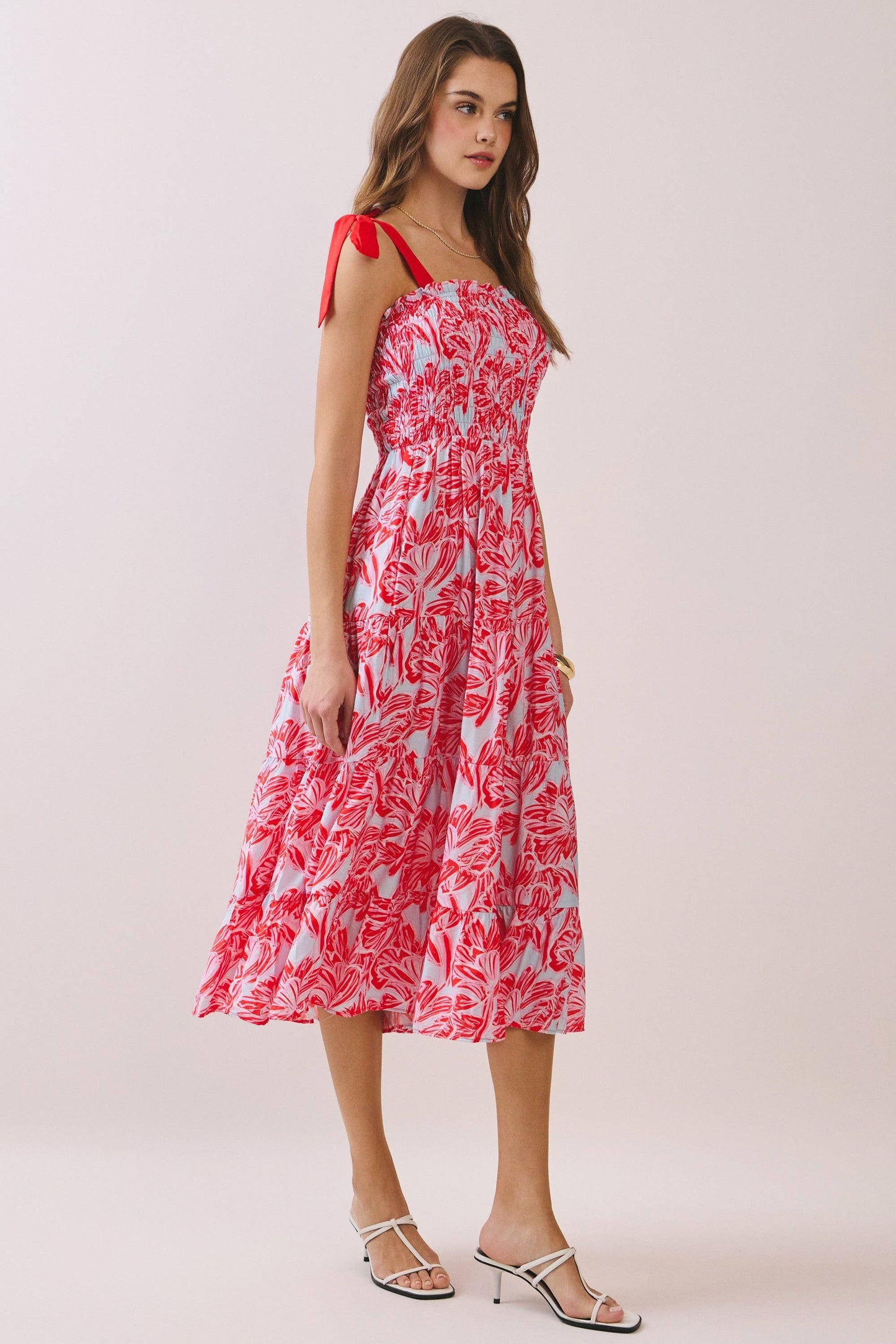 ELLA RED SMOCKED MIDI DRESS