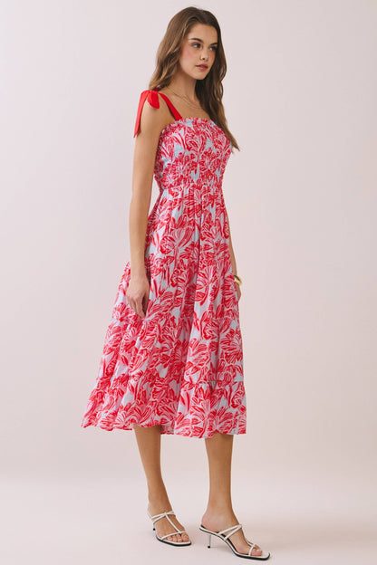 ELLA RED SMOCKED MIDI DRESS