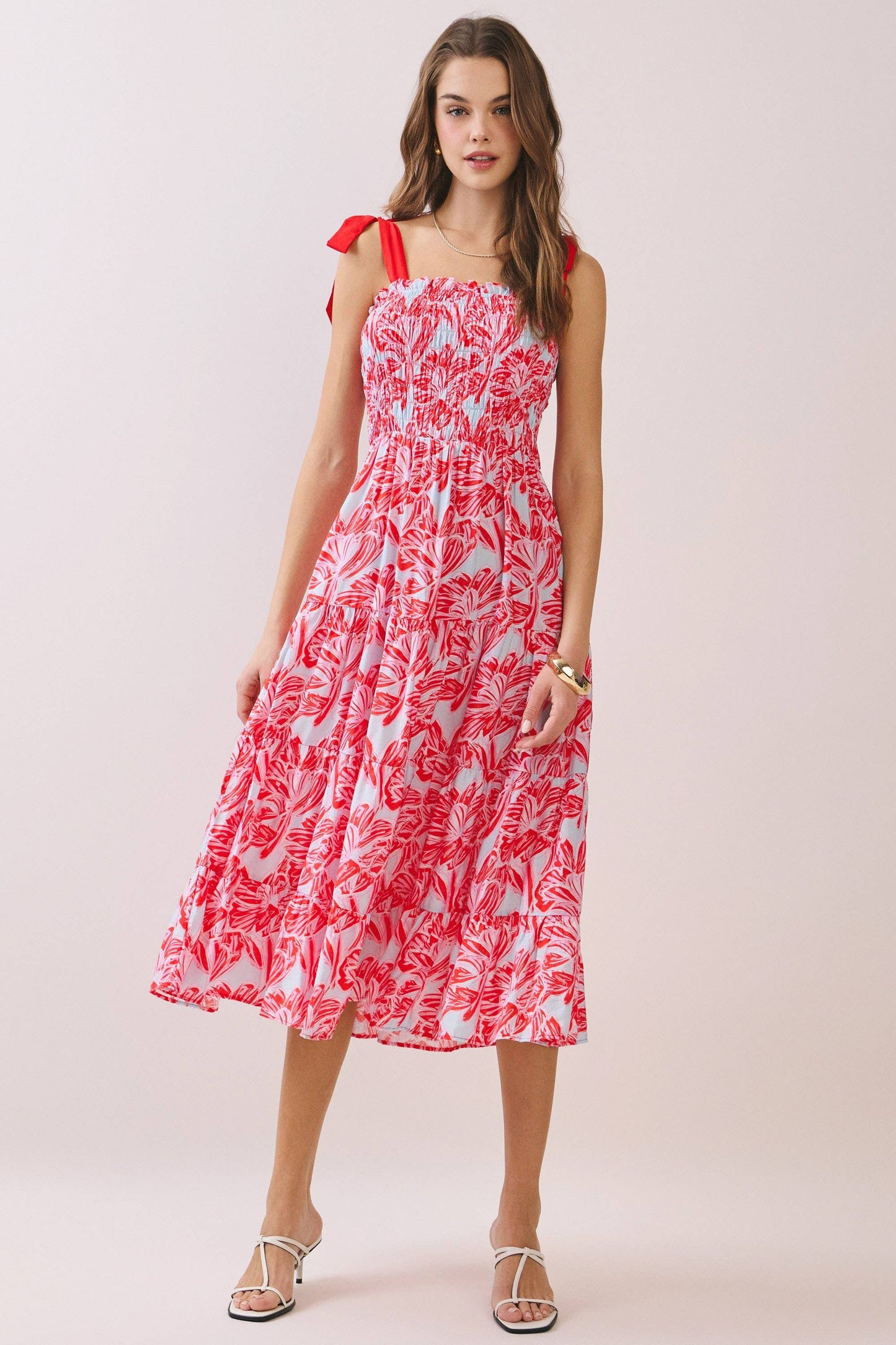 ELLA RED SMOCKED MIDI DRESS