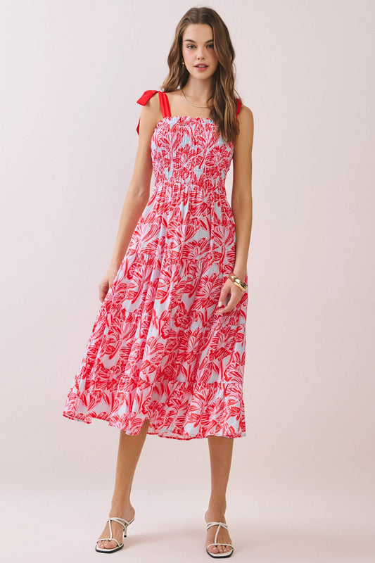 ELLA RED SMOCKED MIDI DRESS