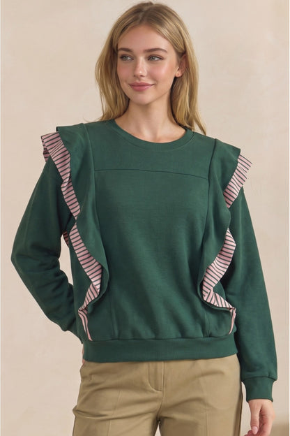 Rib Front Ruffle Stripe Top