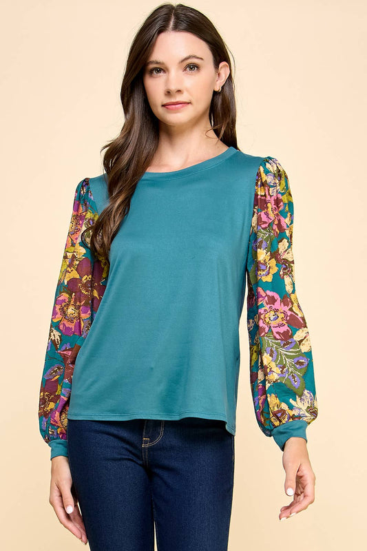 IVY TURQUOISE FLORAL SLEEVE TOP