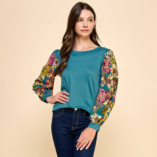 IVY TURQUOISE FLORAL SLEEVE TOP