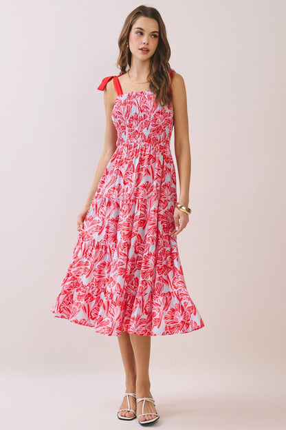 ELLA RED SMOCKED MIDI DRESS
